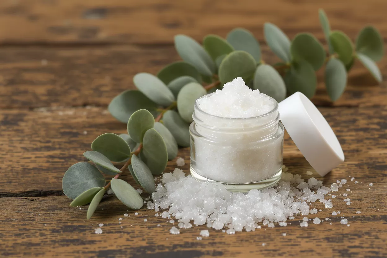 A jar of white salt scrub with eucalyptus leaves on a wooden background.