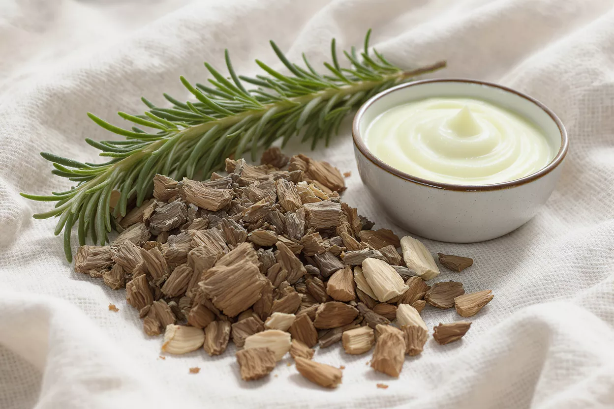 Rosemary sprig, wood chips, and cream in a bowl on a white cloth.