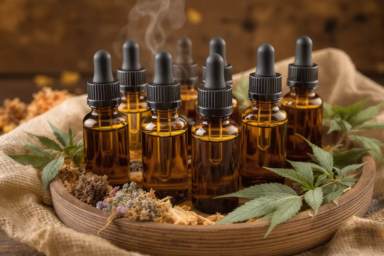 Amber dropper bottles with CBD oil, hemp leaves, and dried herbs on a wooden tray.