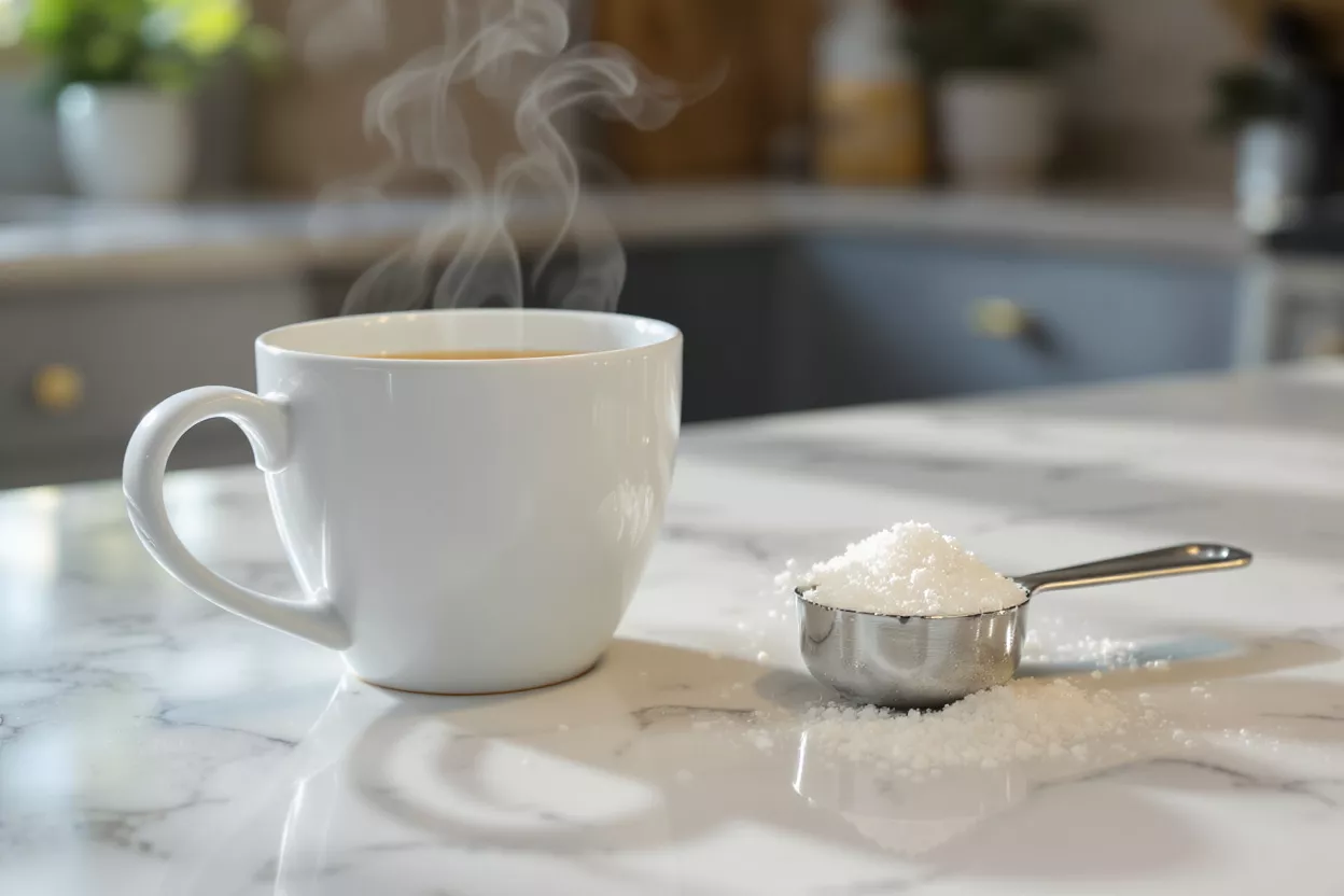 A white mug of steaming coffee next to a measuring spoon full of sugar.