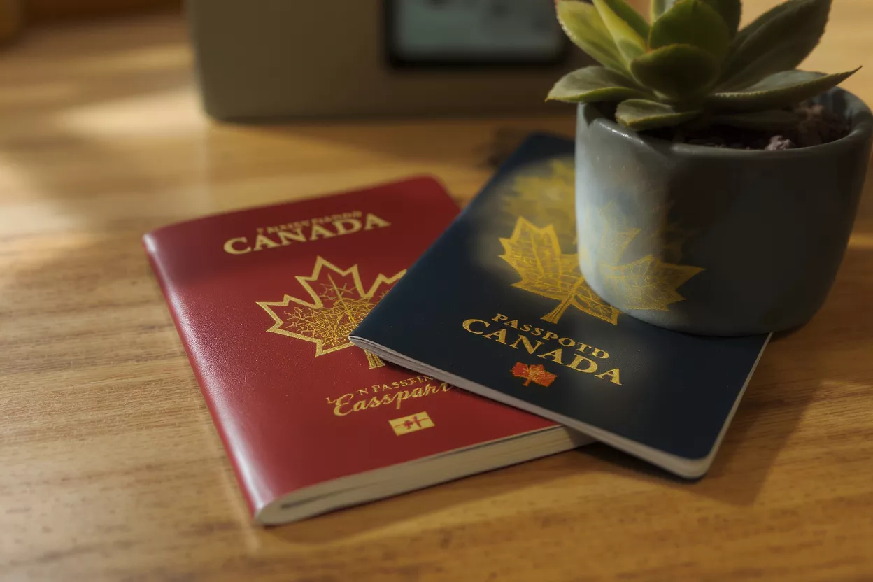 Dos pasaportes canadienses, rojo y azul, sobre una mesa de madera con una pequeña planta.