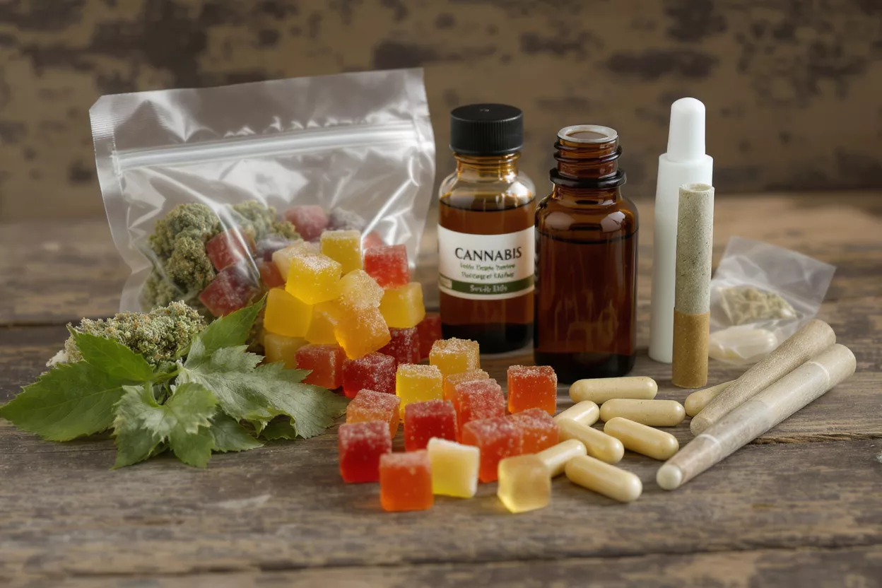Varios productos de cannabis incluyendo gomitas, aceites, cápsulas y pre-rollados sobre madera.