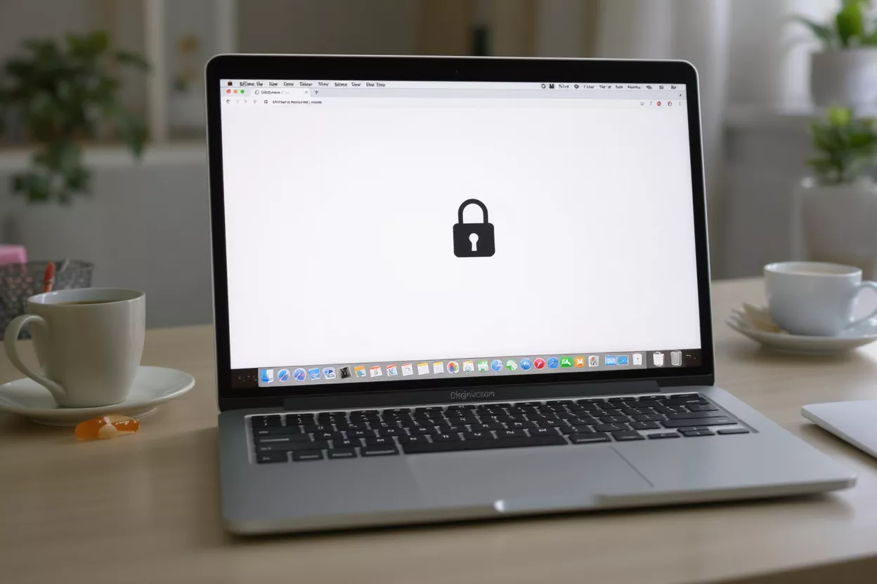 Pantalla de portátil que muestra un gran icono de candado negro, simbolizando seguridad y privacidad.