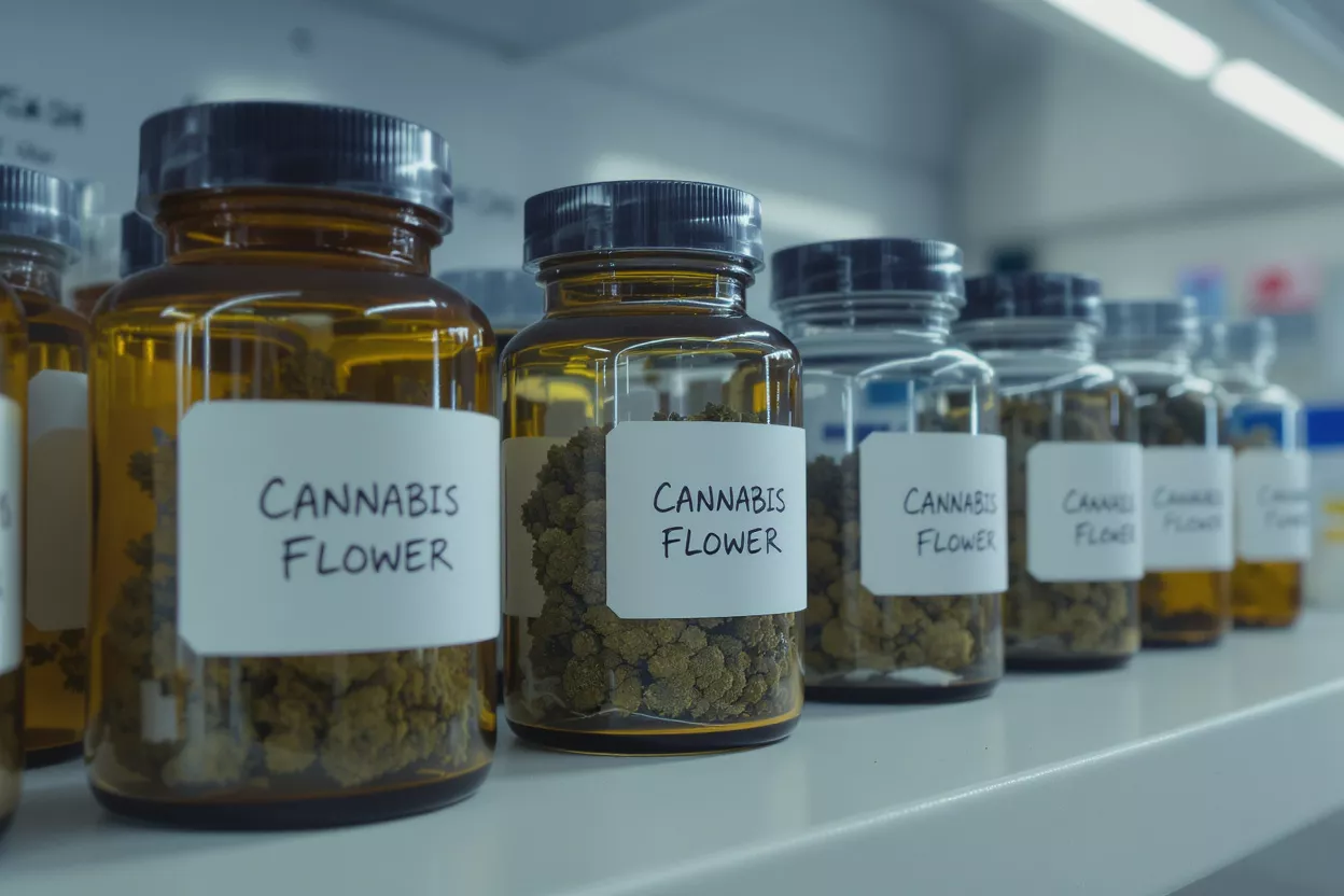 Frascos ámbar y transparentes etiquetados 'Cannabis Flower' llenos de cogollos verdes en un estante blanco.