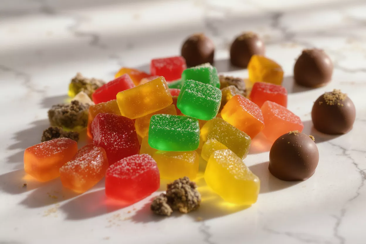 Vibrant red, orange, yellow, and green gummies with chocolate truffles on marble.