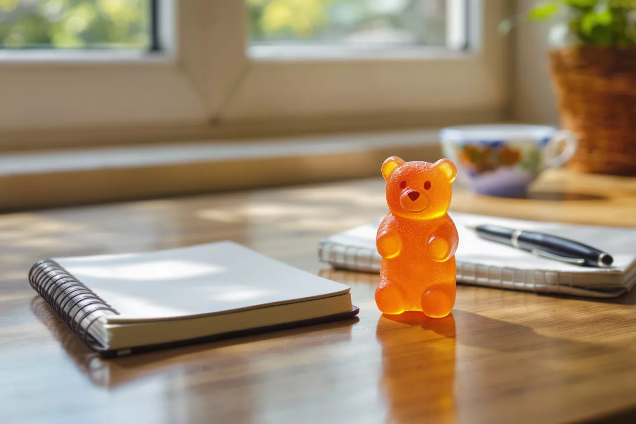An orange gummy bear on a wooden desk with notebooks and a pen.