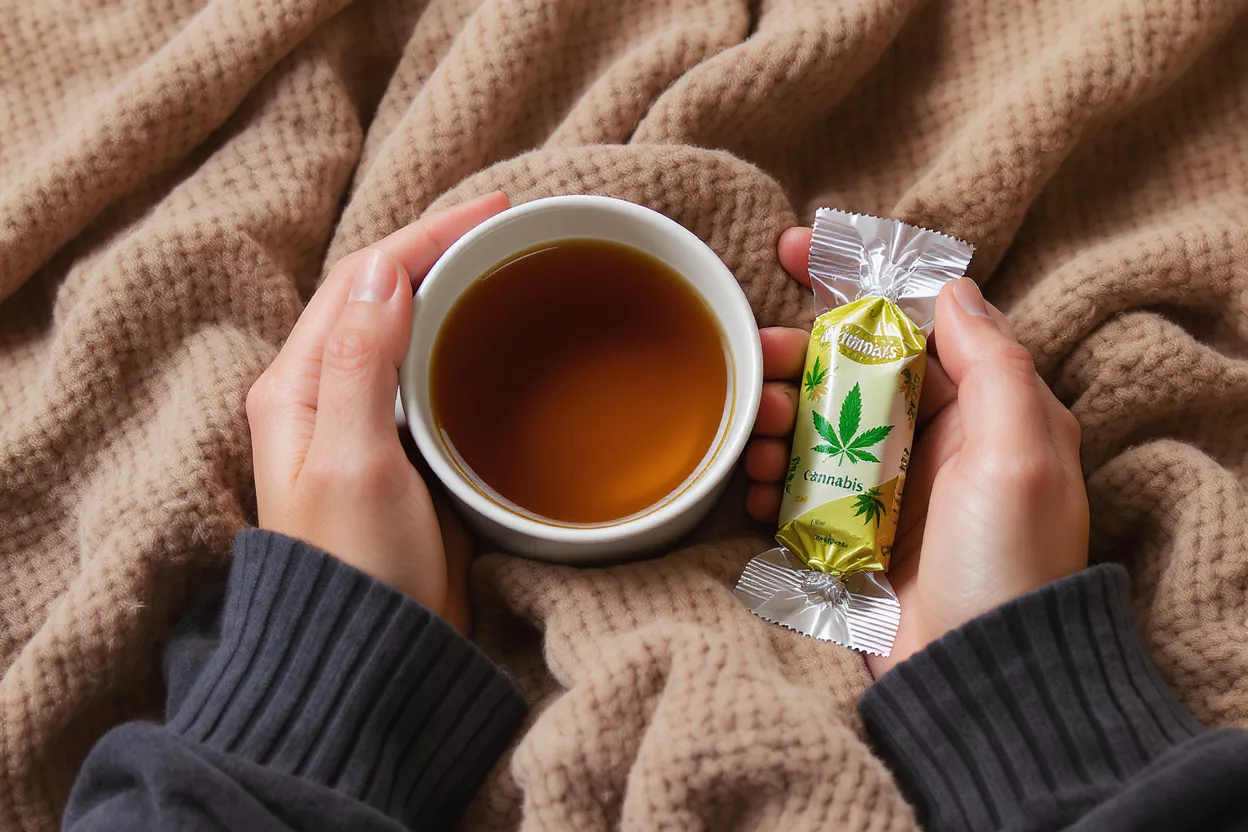 Hands holding a cup of tea and a cannabis candy on a cozy blanket.
