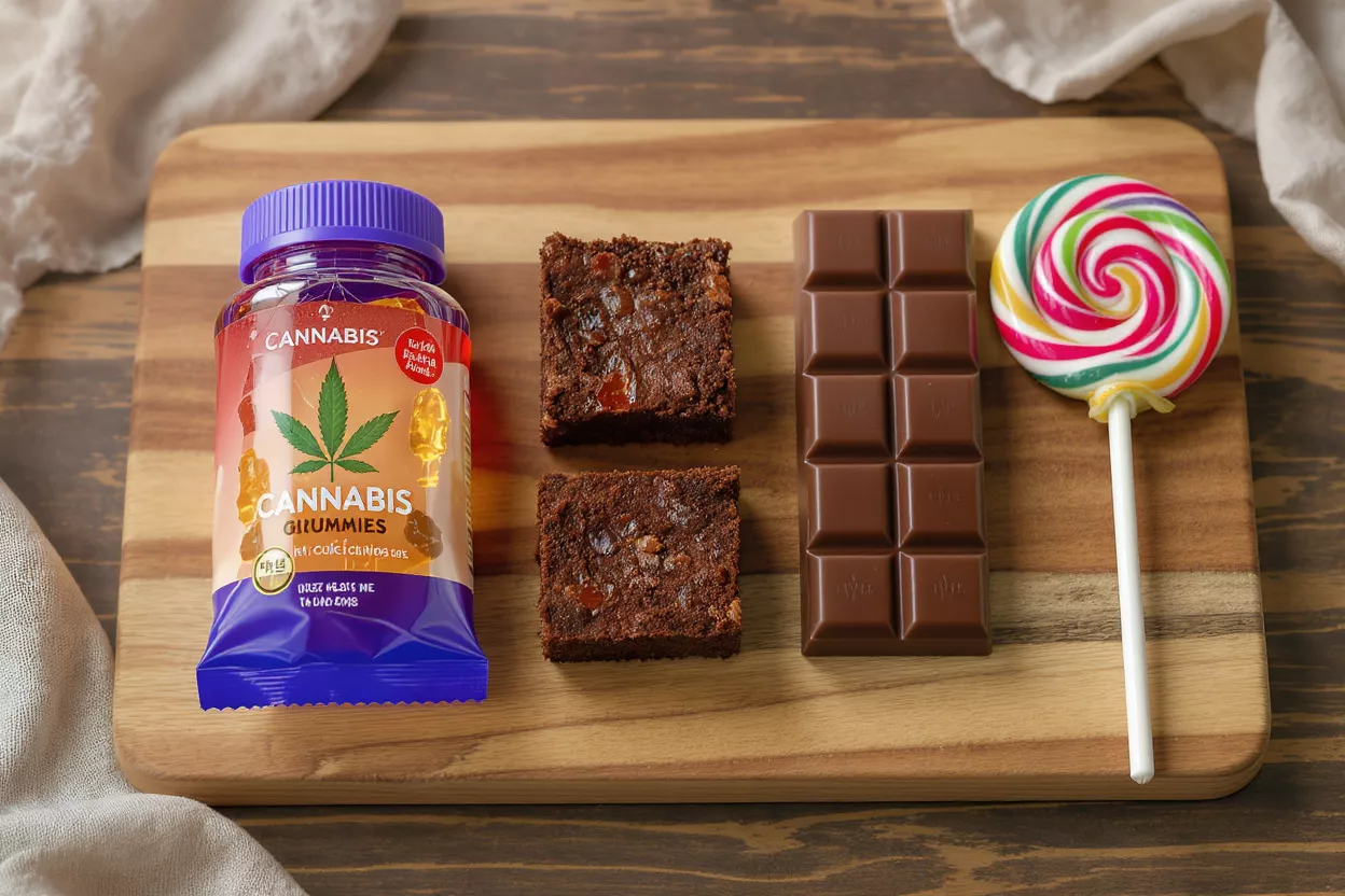Cannabis gummies, brownies, chocolate bar, and lollipop on a wooden board.