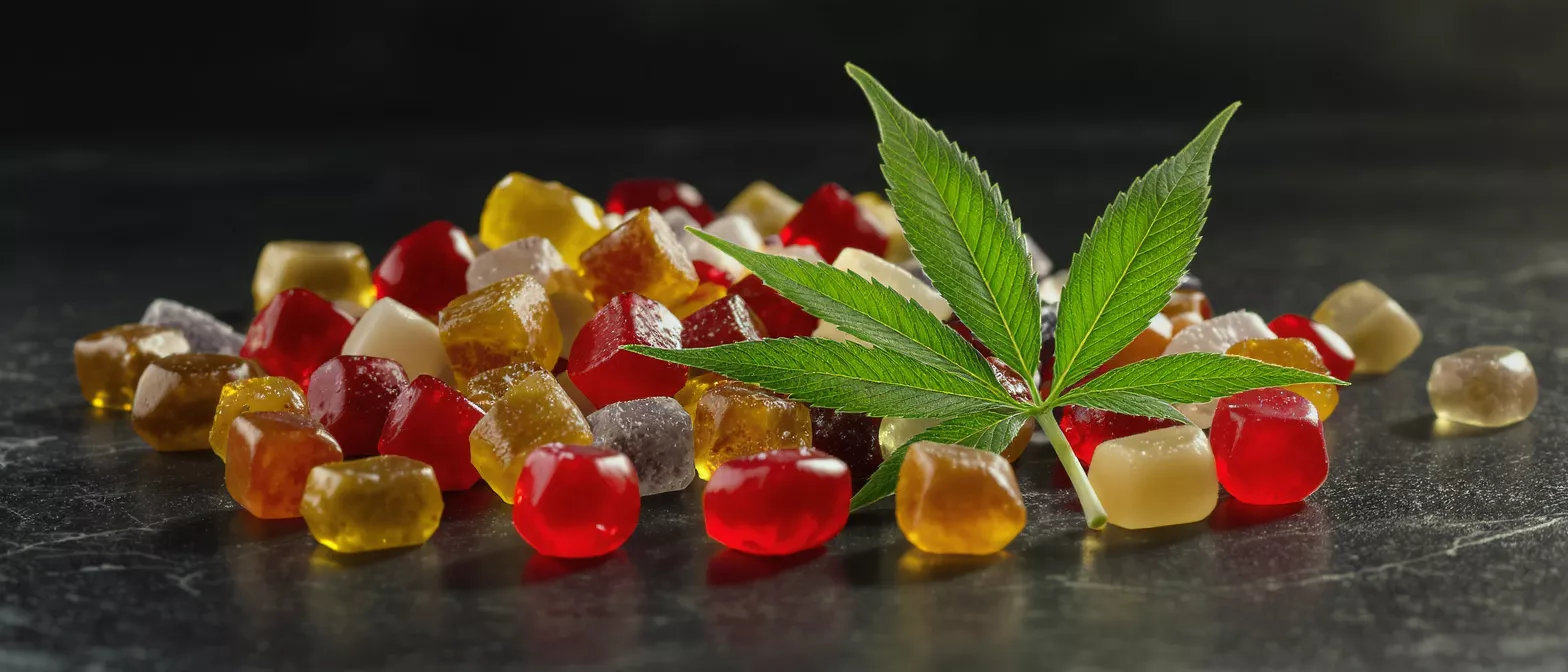 Colorful cannabis gummies and a green leaf on a dark, textured surface.