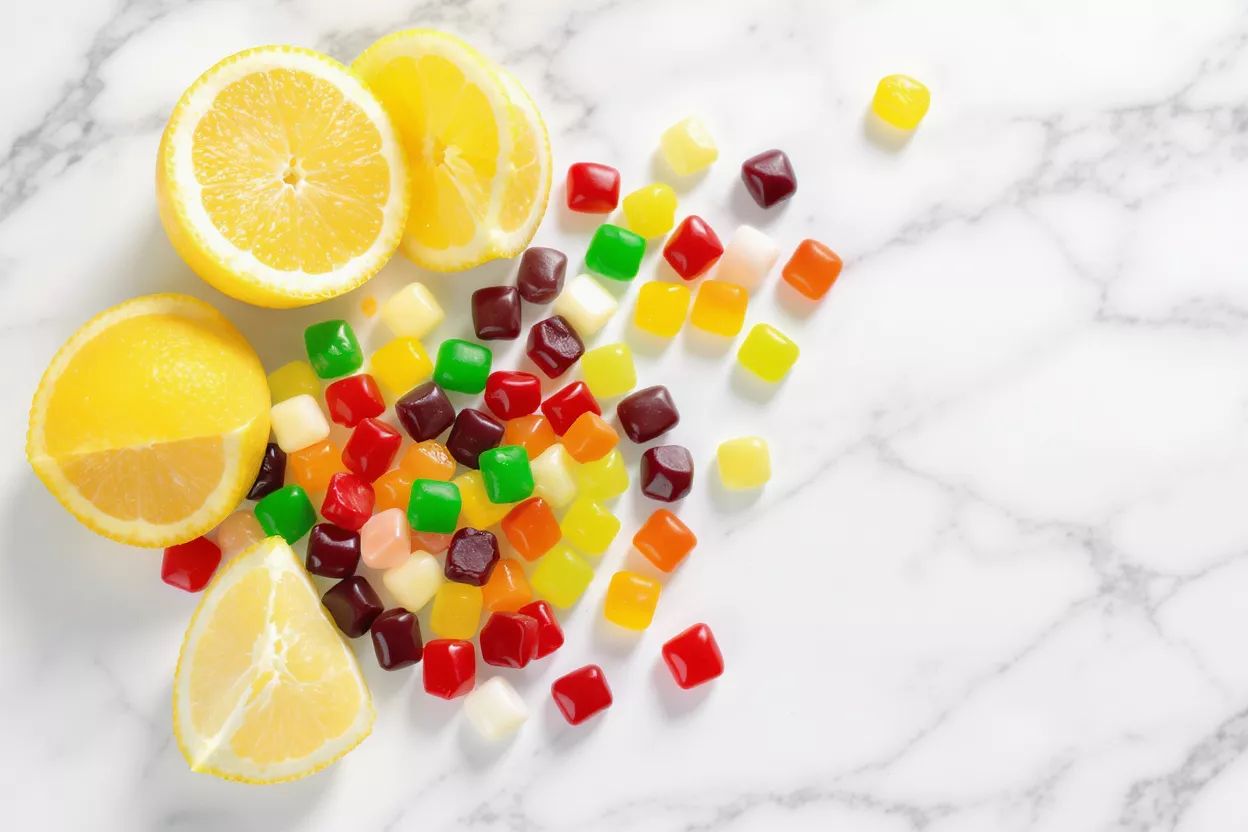 Gominolas de colores brillantes esparcidas con mitades de limón fresco sobre una superficie de mármol blanco.