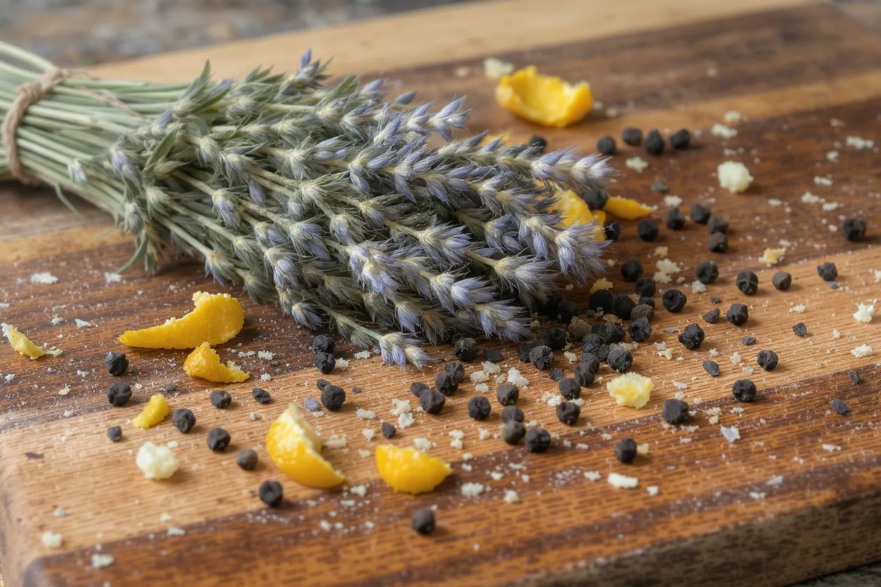 Un manojo de lavanda, cáscaras de limón y pimienta negra sobre una tabla de cortar de madera.