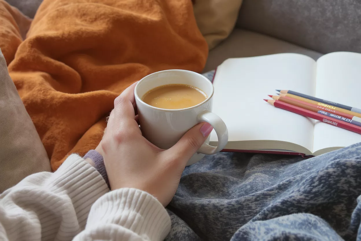 Mano sosteniendo una taza de café junto a un diario abierto y lápices de colores.