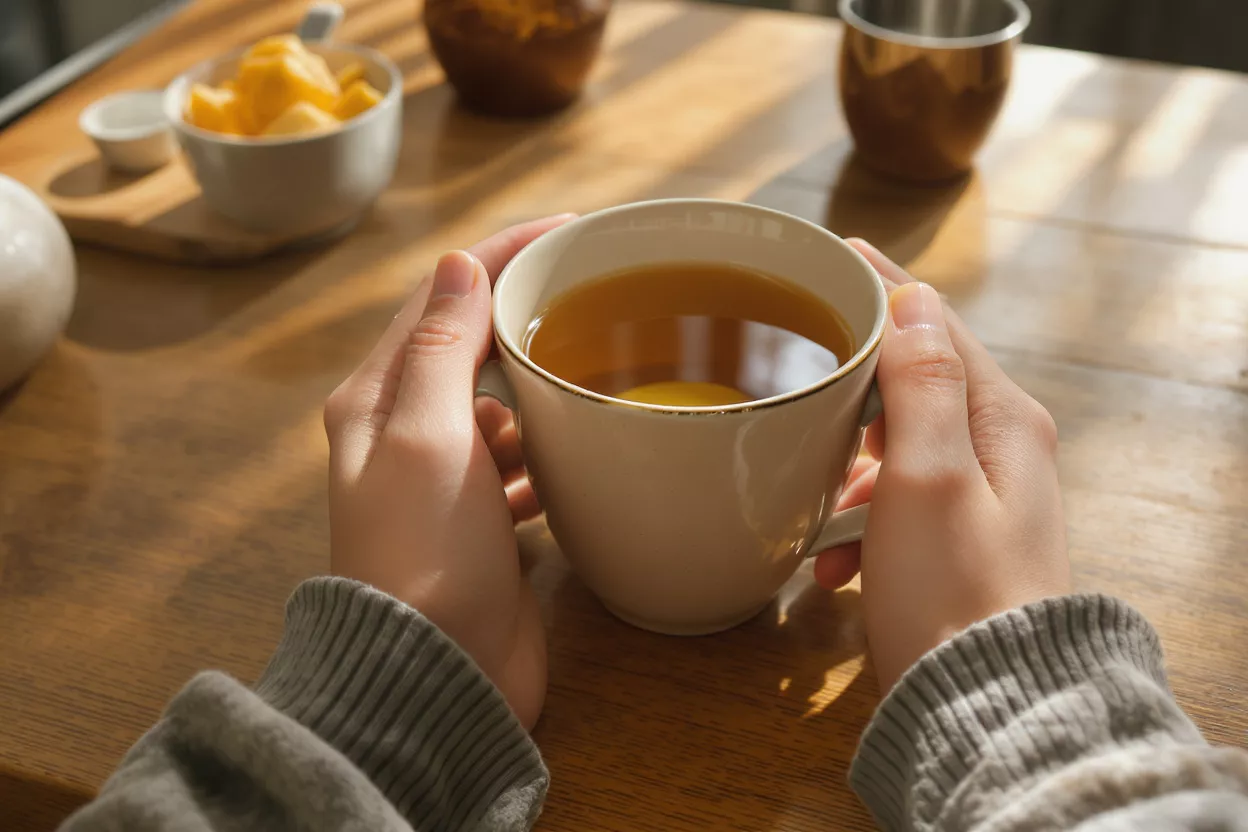Close-up of hands holding a warm cup of tea on a wooden table.