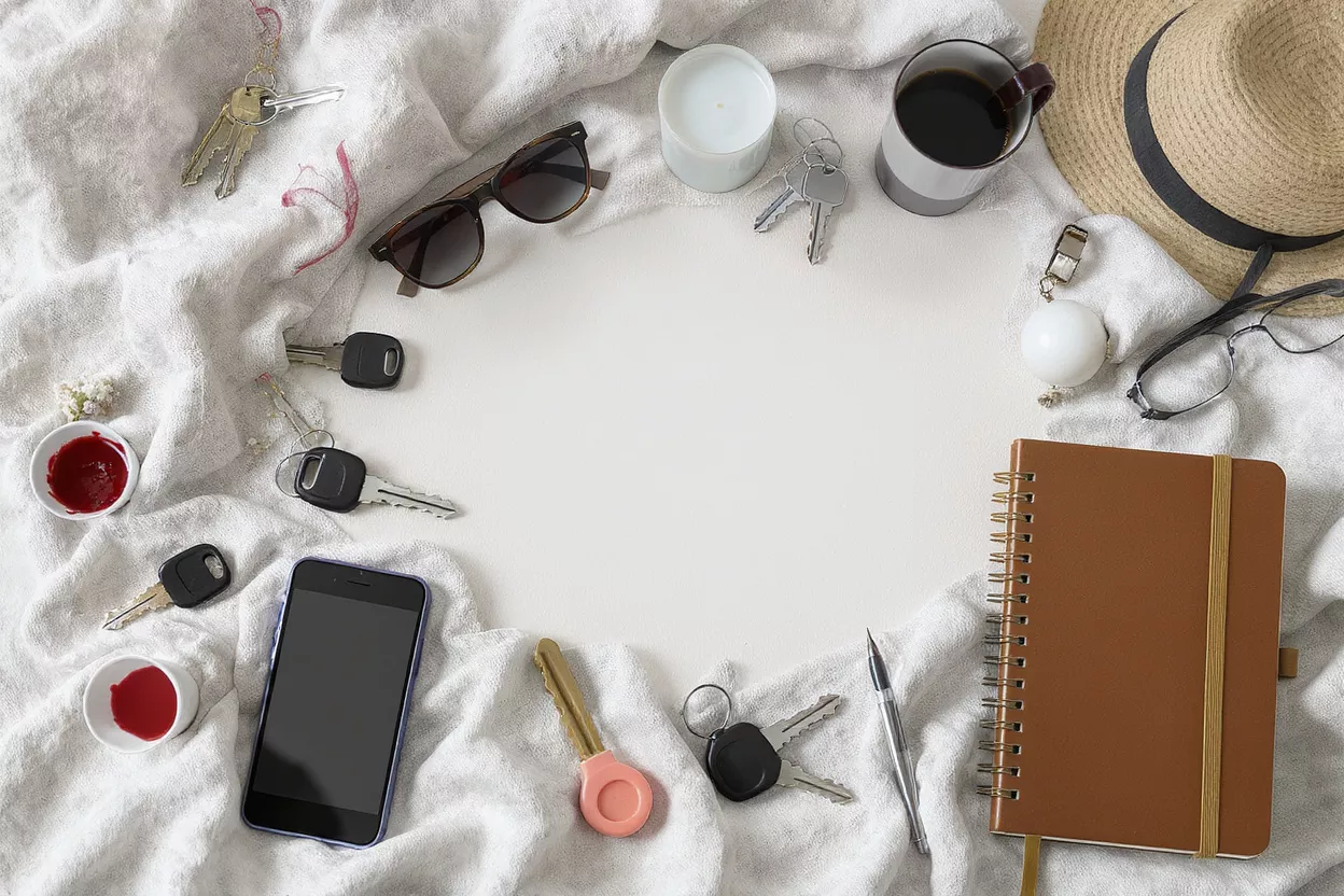 Flat lay of daily essentials: keys, phone, notebook, coffee, sunglasses, hat.