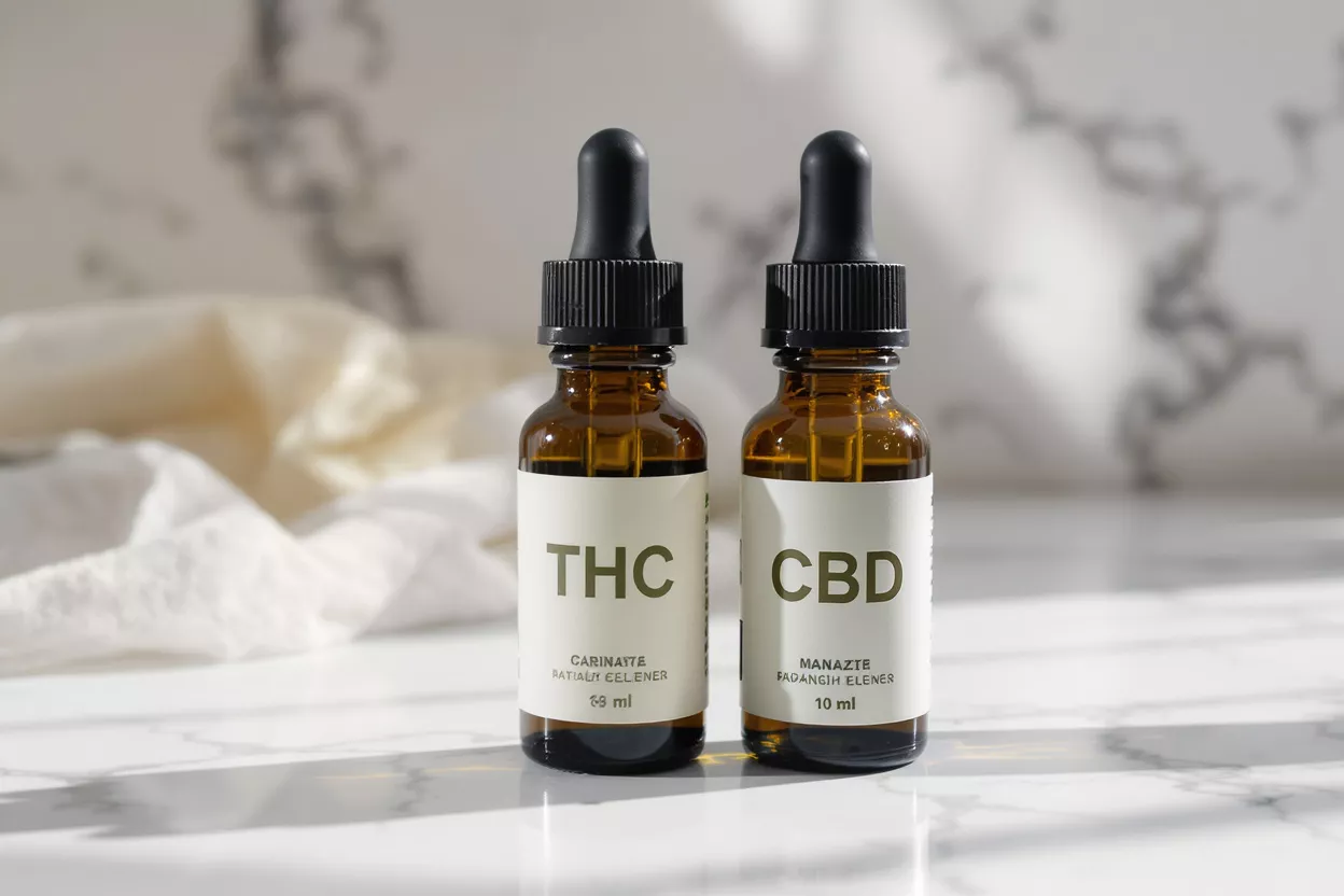 Frascos de aceite de THC y CBD Dos frascos goteros ámbar etiquetados THC y CBD sobre una superficie de mármol.