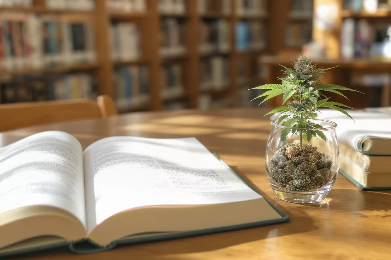Planta de cannabis en biblioteca Una pequeña planta de cannabis en una maceta de vidrio sobre una mesa de biblioteca con un libro abierto.