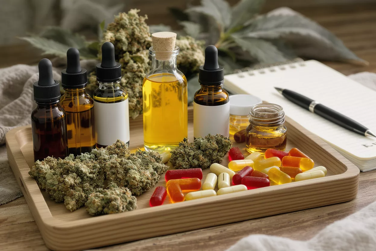 Surtido de productos CBD Varios productos CBD incluyendo aceites, cápsulas y cogollos de cannabis en una bandeja de madera.