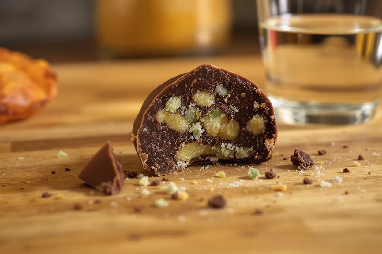 Una porción de postre salami de chocolate con nueces sobre una tabla de madera.
