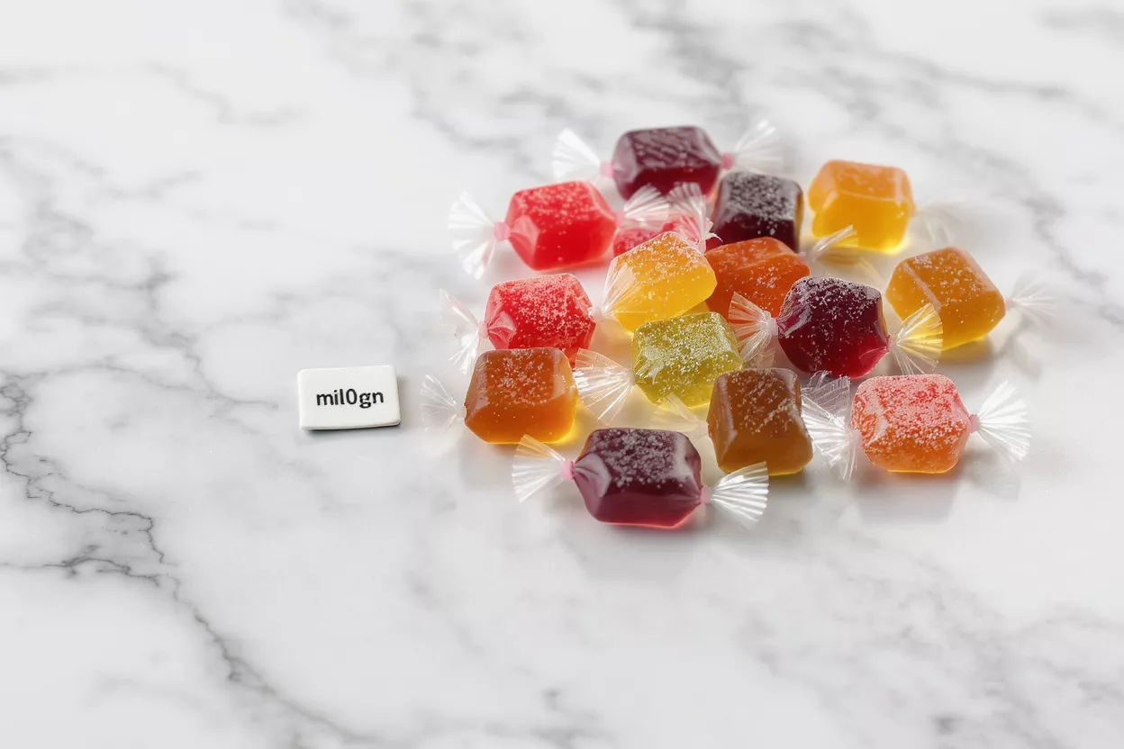 Gominolas mil0gn coloridas envueltas sobre una superficie de mármol blanco.