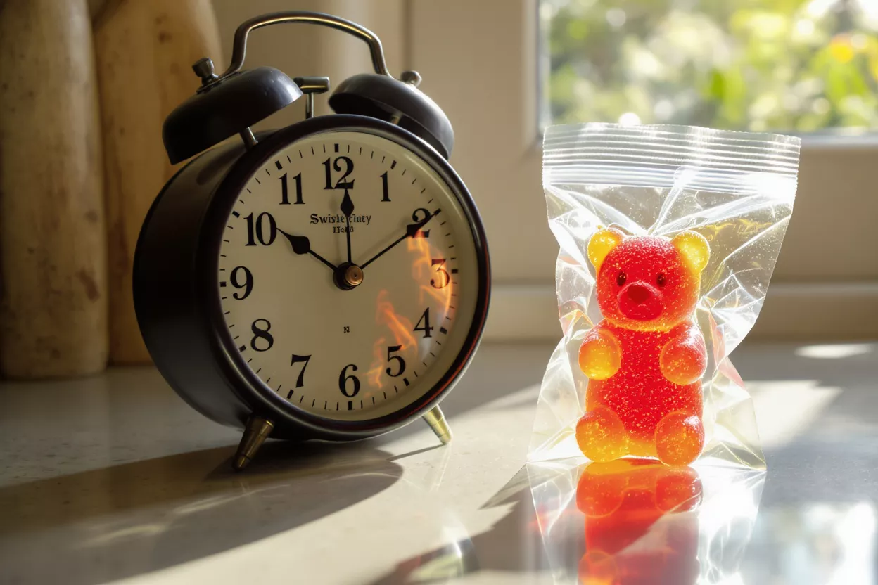Reloj despertador vintage junto a un oso de goma rojo en una bolsa de plástico.