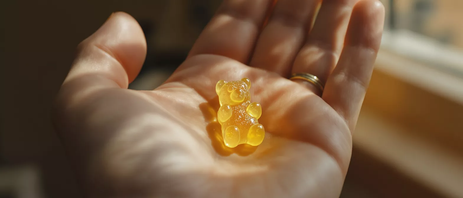 A single translucent yellow gummy bear resting in the palm of a hand.