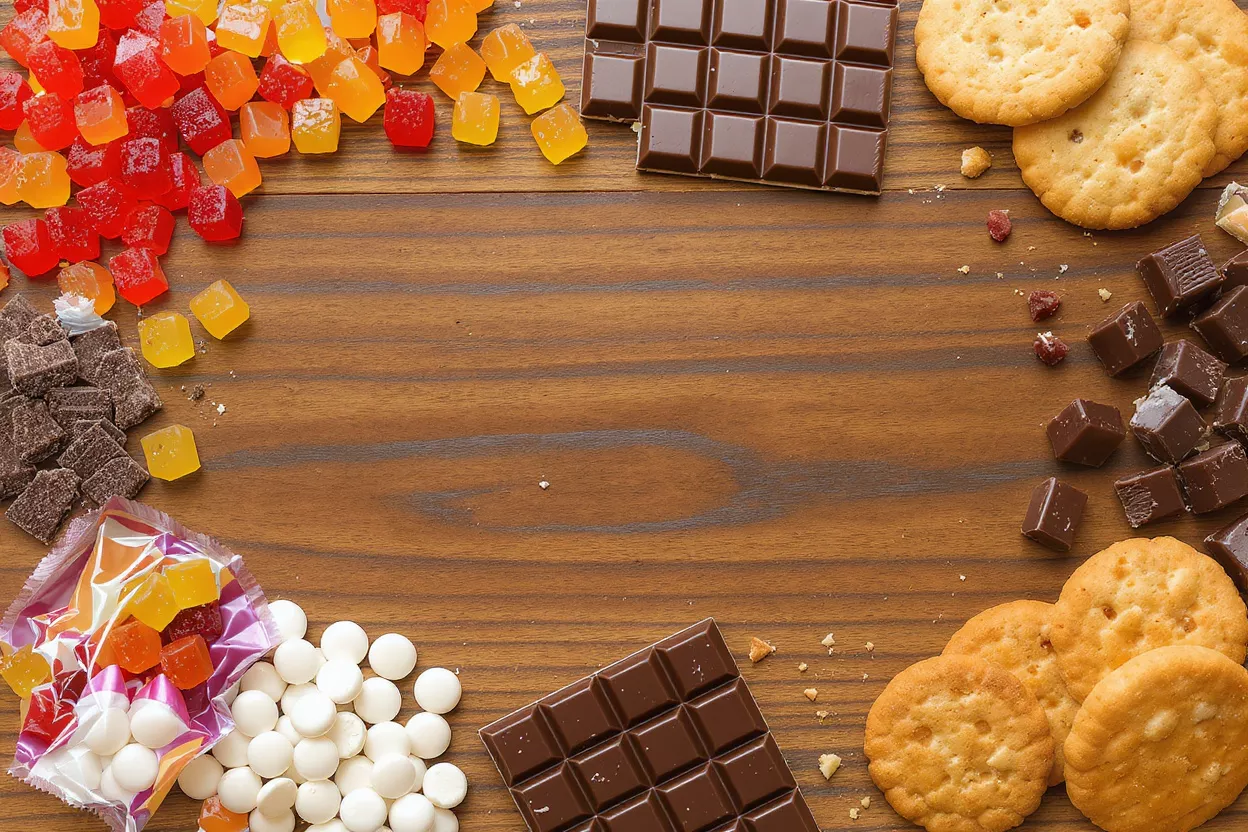 Dulces Surtidos, Chocolates y Galletas Una superficie de madera adornada con caramelos coloridos, barras de chocolate, galletas y trozos de chocolate.