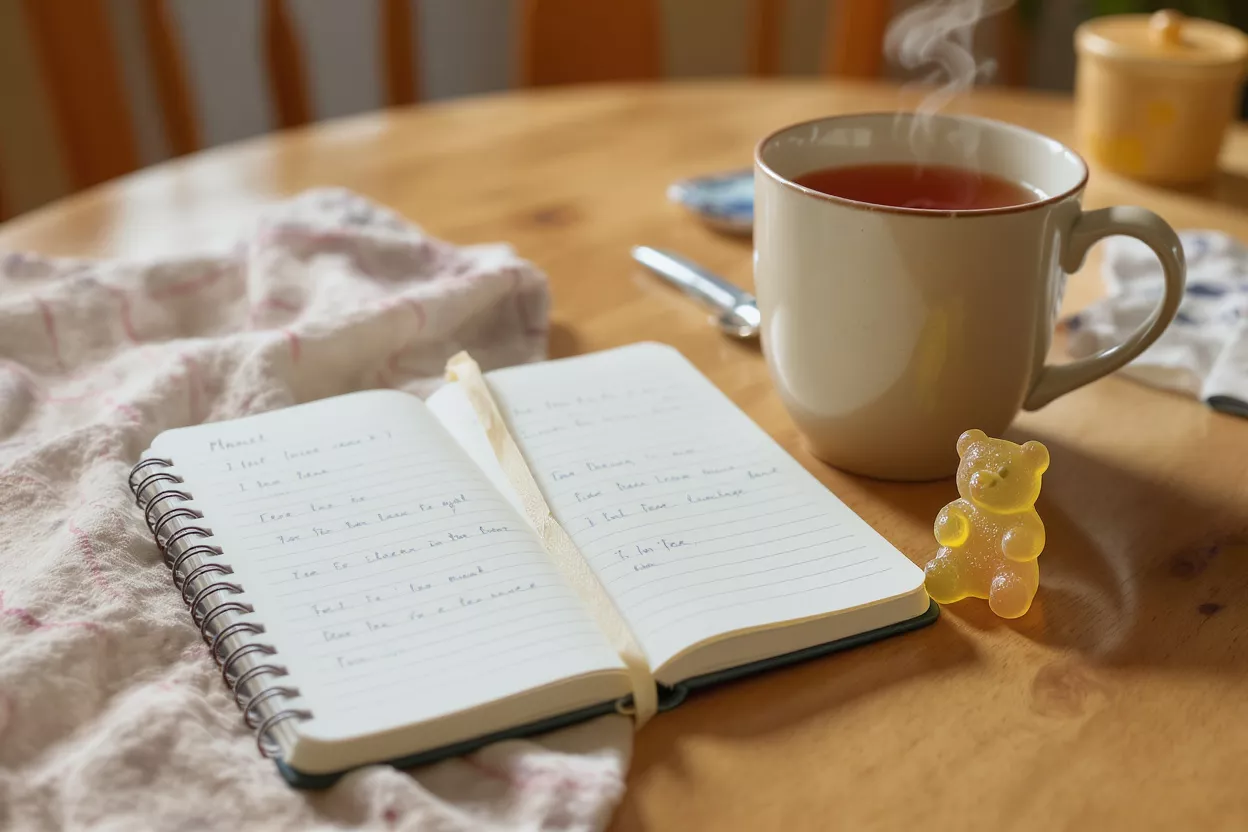 Té acogedor y diario Té humeante, diario abierto y un oso de goma sobre una mesa de madera.