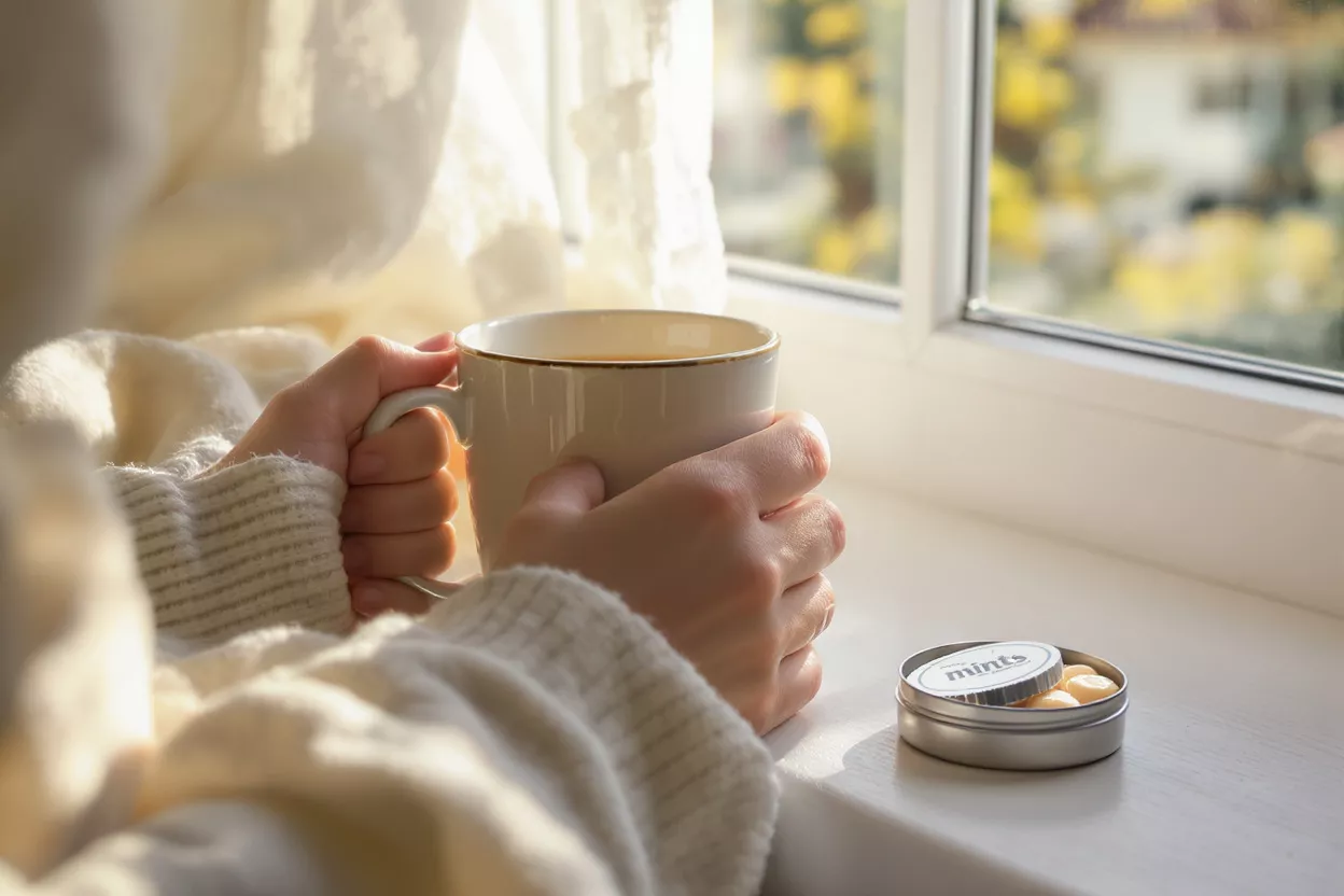 Té Acogedor de Mañana junto a la Ventana Manos sosteniendo una taza caliente de té junto a una ventana iluminada por el sol con una lata de mentas.