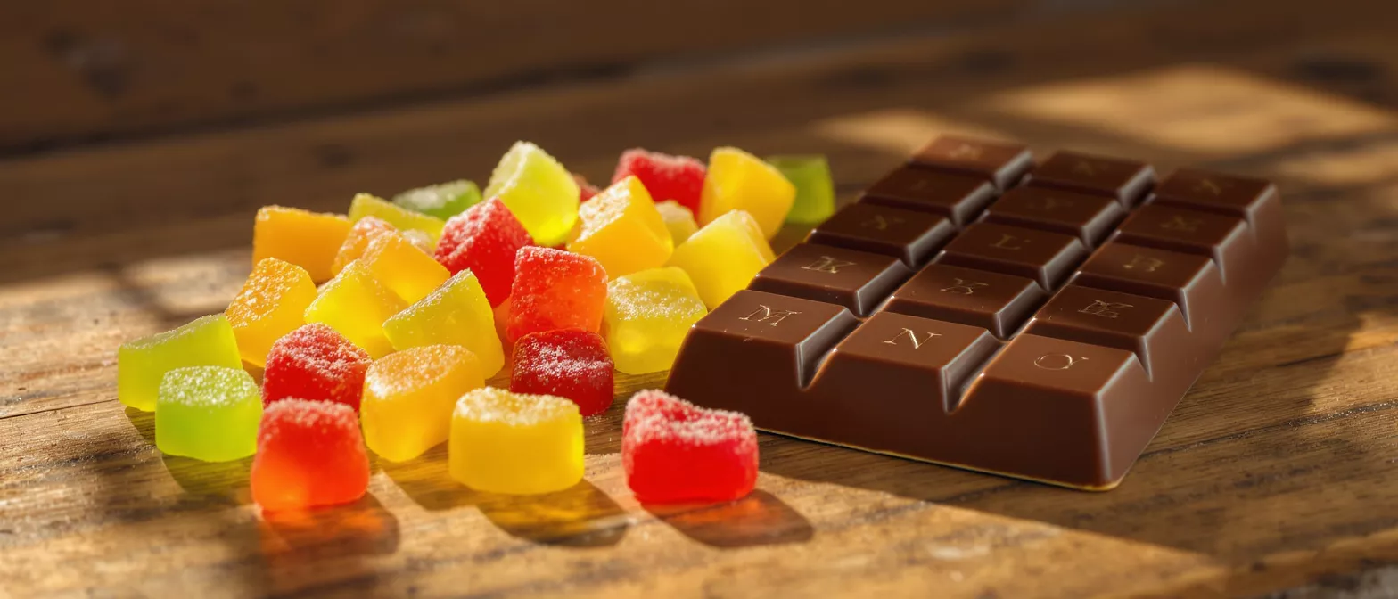 Un surtido vibrante de gominolas rebozadas en azúcar junto a una tableta de chocolate.