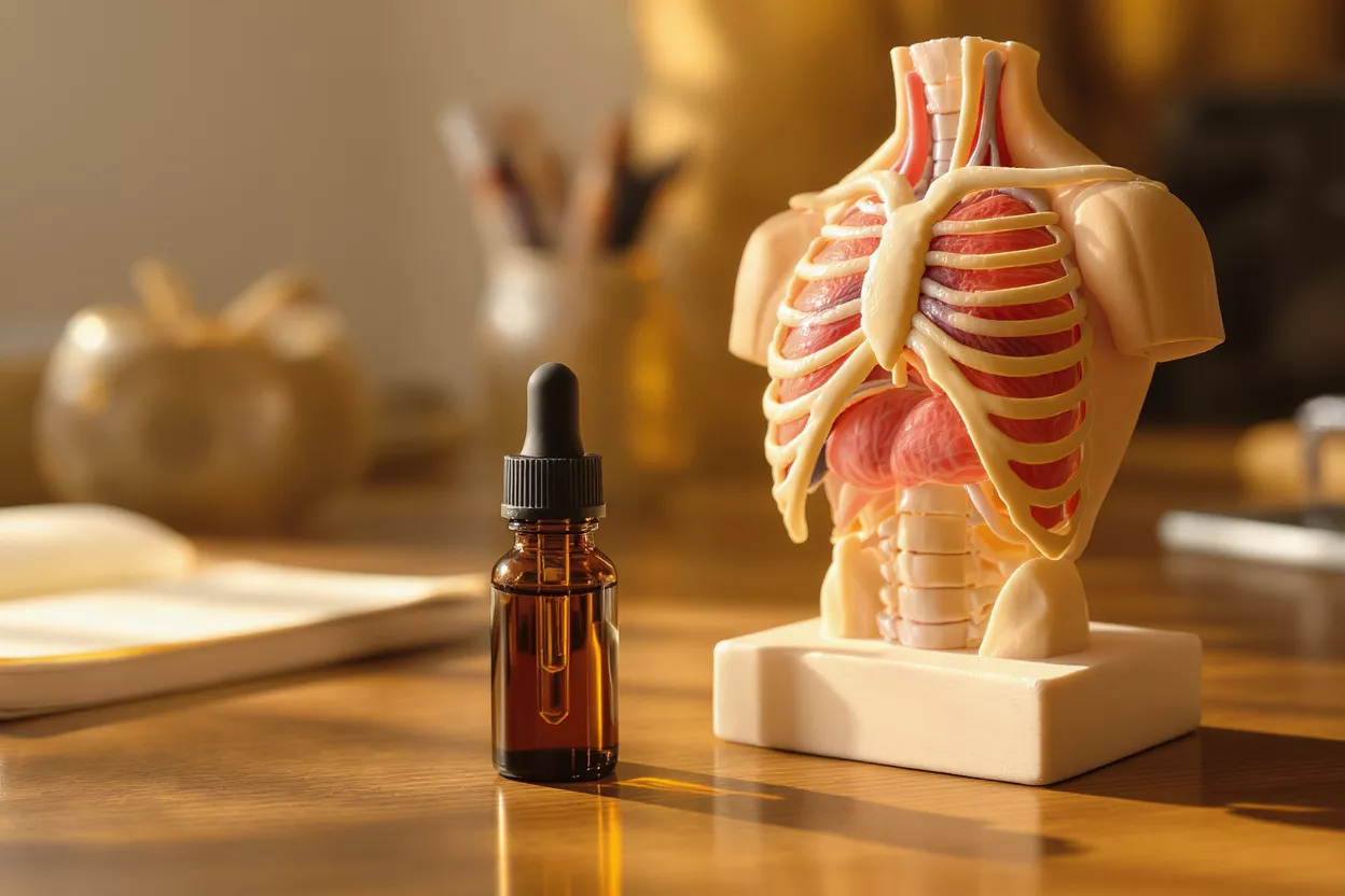 Amber dropper bottle next to anatomical human torso model on wooden desk.