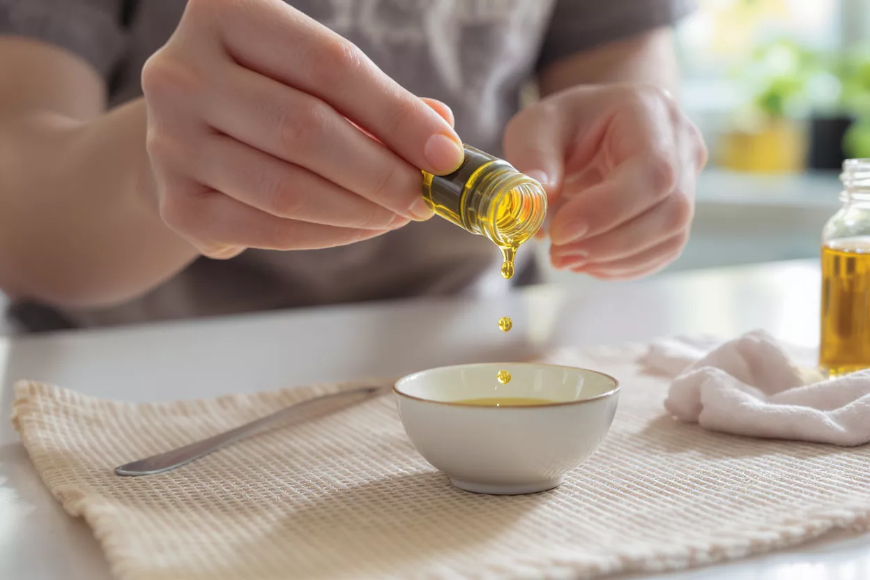 Close-up of hands pouring golden oil from a small bottle into a white bowl.