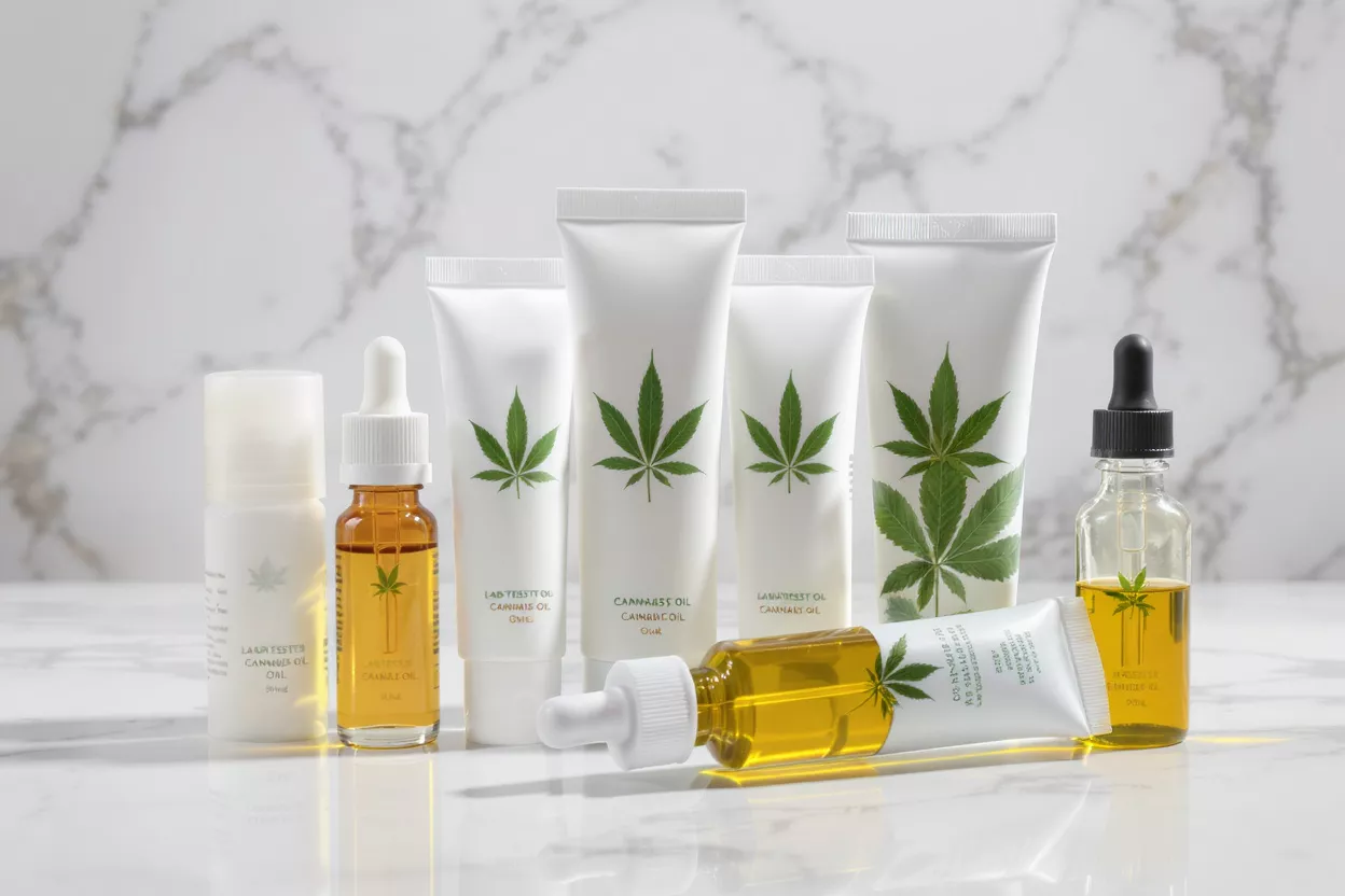 Various cannabis oil cosmetic products, including tubes, bottles, and droppers, on a marble surface.