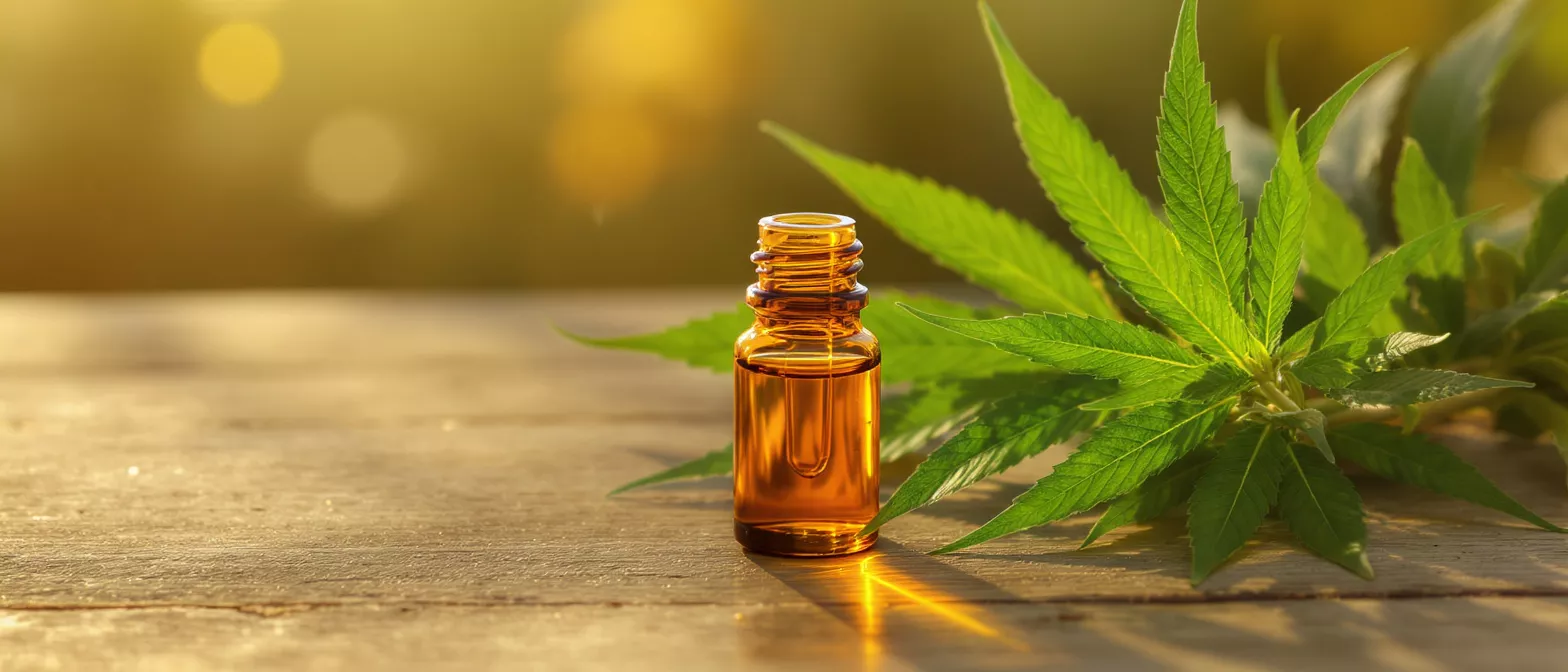 Amber CBD oil bottle next to vibrant green hemp leaves on a rustic wooden table.