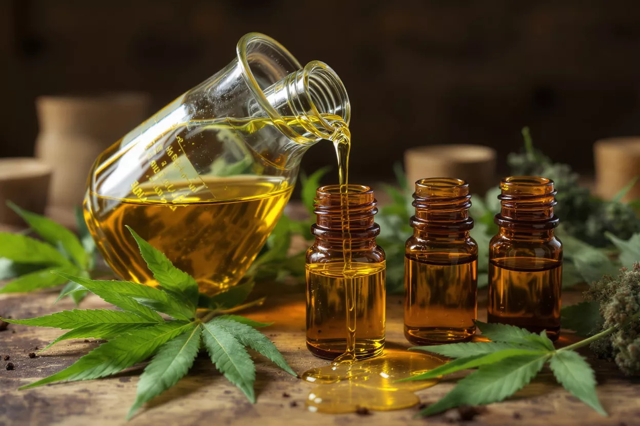 Golden CBD oil pouring from a beaker into small amber bottles with hemp leaves.