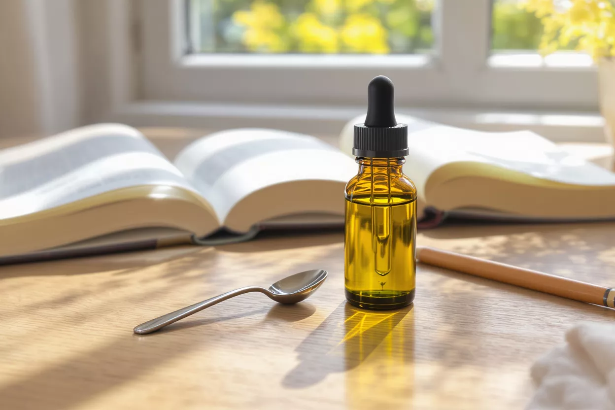 Amber dropper bottle with oil, spoon, and open book on a wooden table.