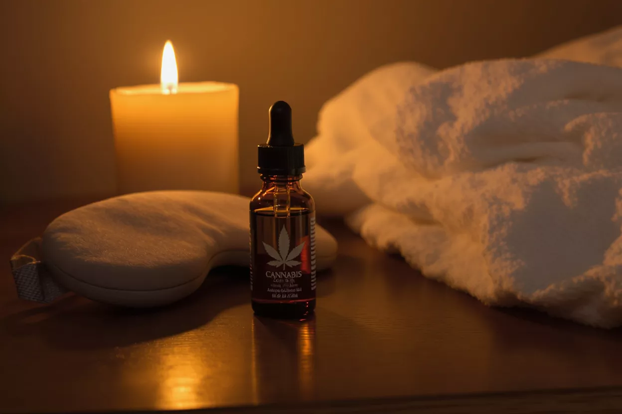 Cannabis oil dropper bottle, sleep mask, candle, and towel on a bedside table.