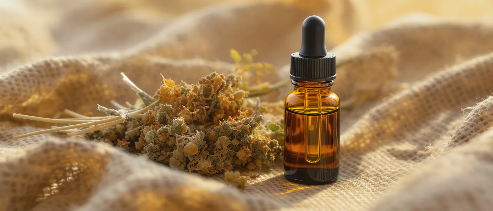 Amber dropper bottle with liquid next to dried herbs on textured fabric.