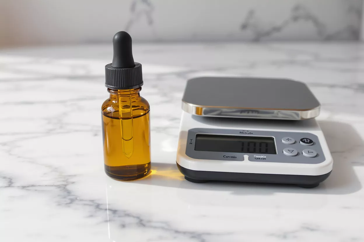 Essential Oil Dropper Bottle and Scale Amber dropper bottle with essential oil next to a digital kitchen scale.
