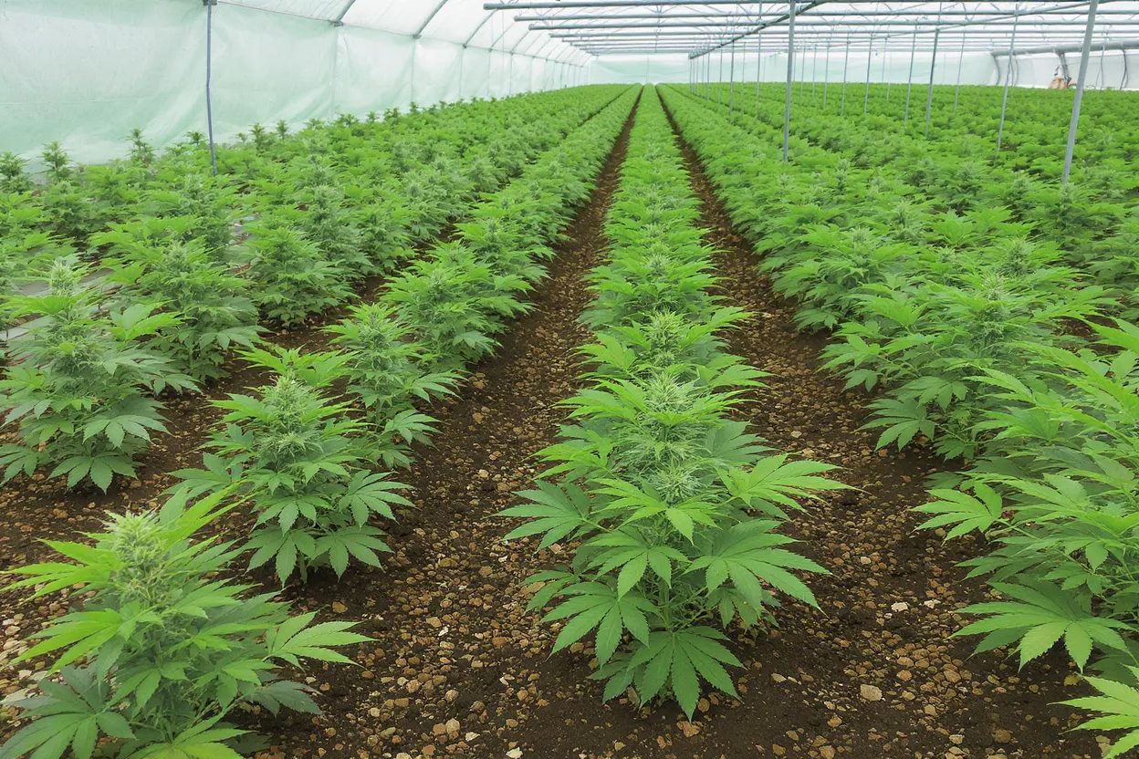 Cannabis Greenhouse Cultivation Rows of vibrant green cannabis plants growing in a large greenhouse.
