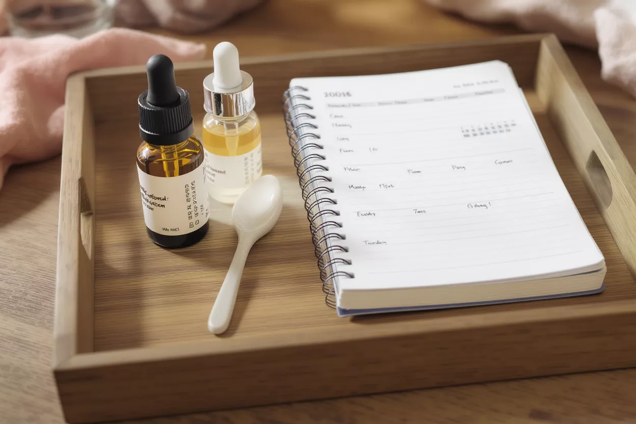 Skincare Routine Planner Skincare bottles, spoon, and planner on a wooden tray for daily routine.