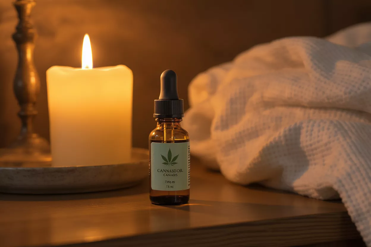 Aceite de Cannabis y Luz de Vela Frasco gotero de aceite de cannabis junto a una vela encendida y una toalla blanca.