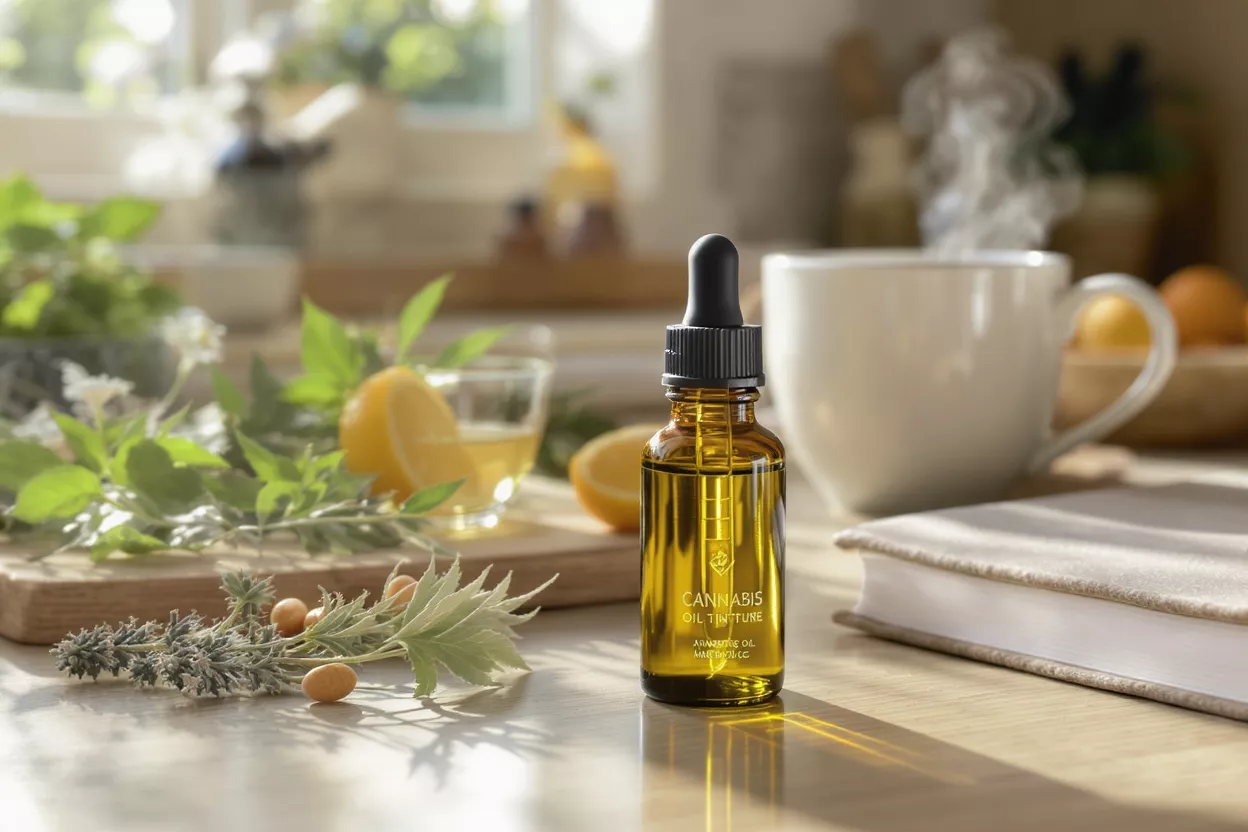Tintura de aceite de cannabis en entorno natural Botella de tintura de aceite de cannabis sobre una mesa de madera con hierbas, limón y té.