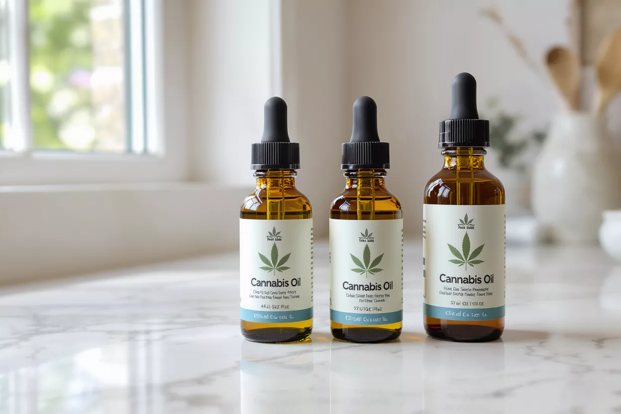 Frascos de aceite de cannabis Tres frascos goteros de vidrio ámbar con aceite de cannabis sobre una encimera de mármol blanco.