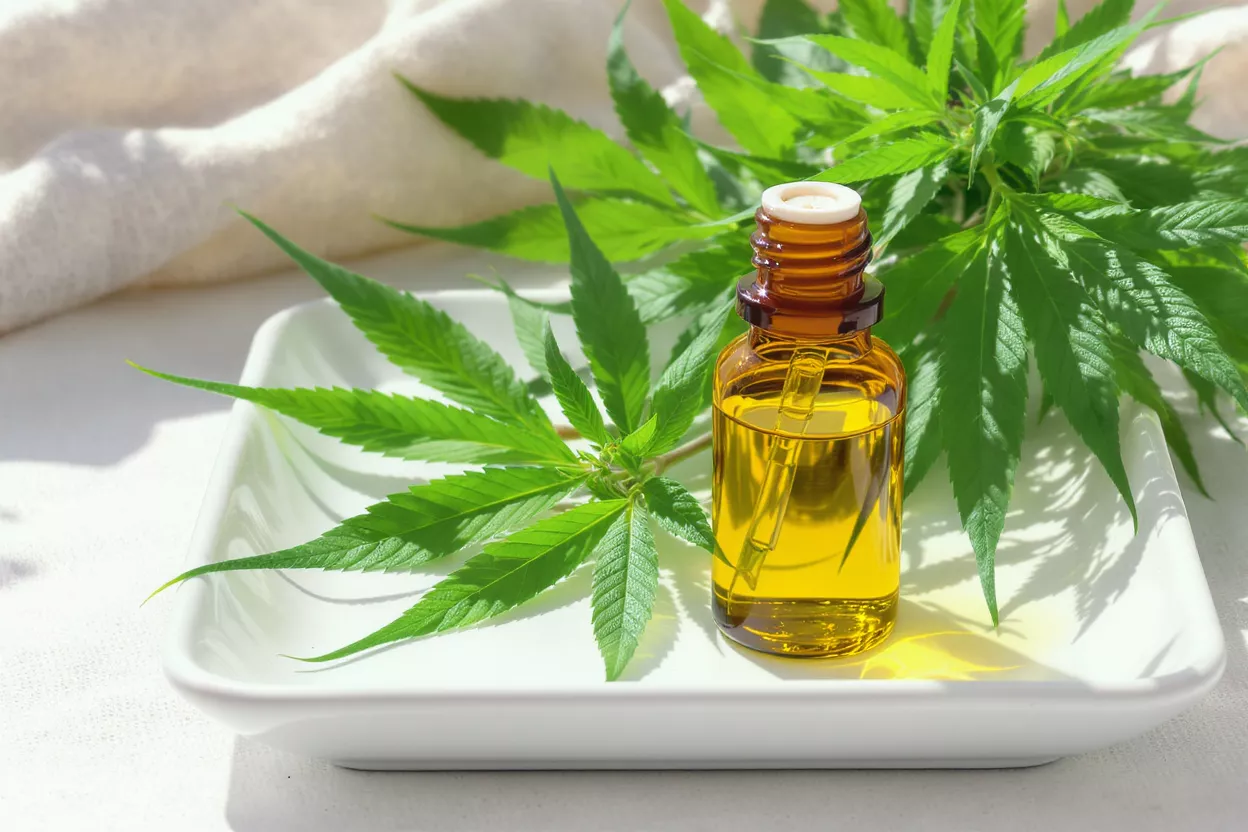 Aceite de CBD con hojas de cannabis Frasco ámbar de aceite de CBD con gotero, rodeado de hojas frescas y verdes de cannabis en una bandeja blanca.