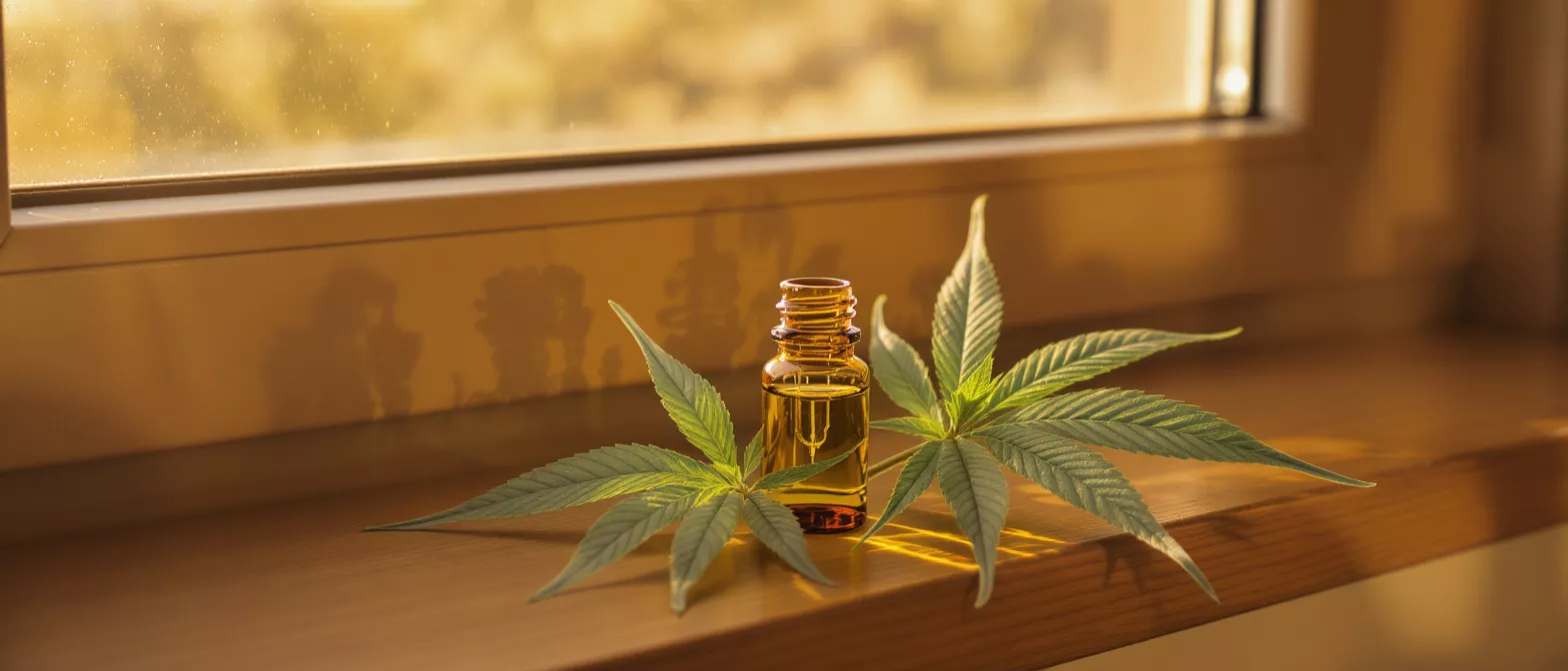 Amber bottle of CBD oil with cannabis leaves on a sunlit wooden windowsill.