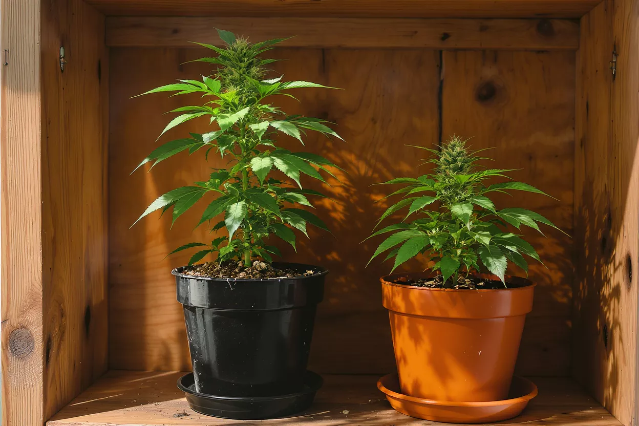 Two potted cannabis plants, one tall, one shorter, on a wooden shelf.