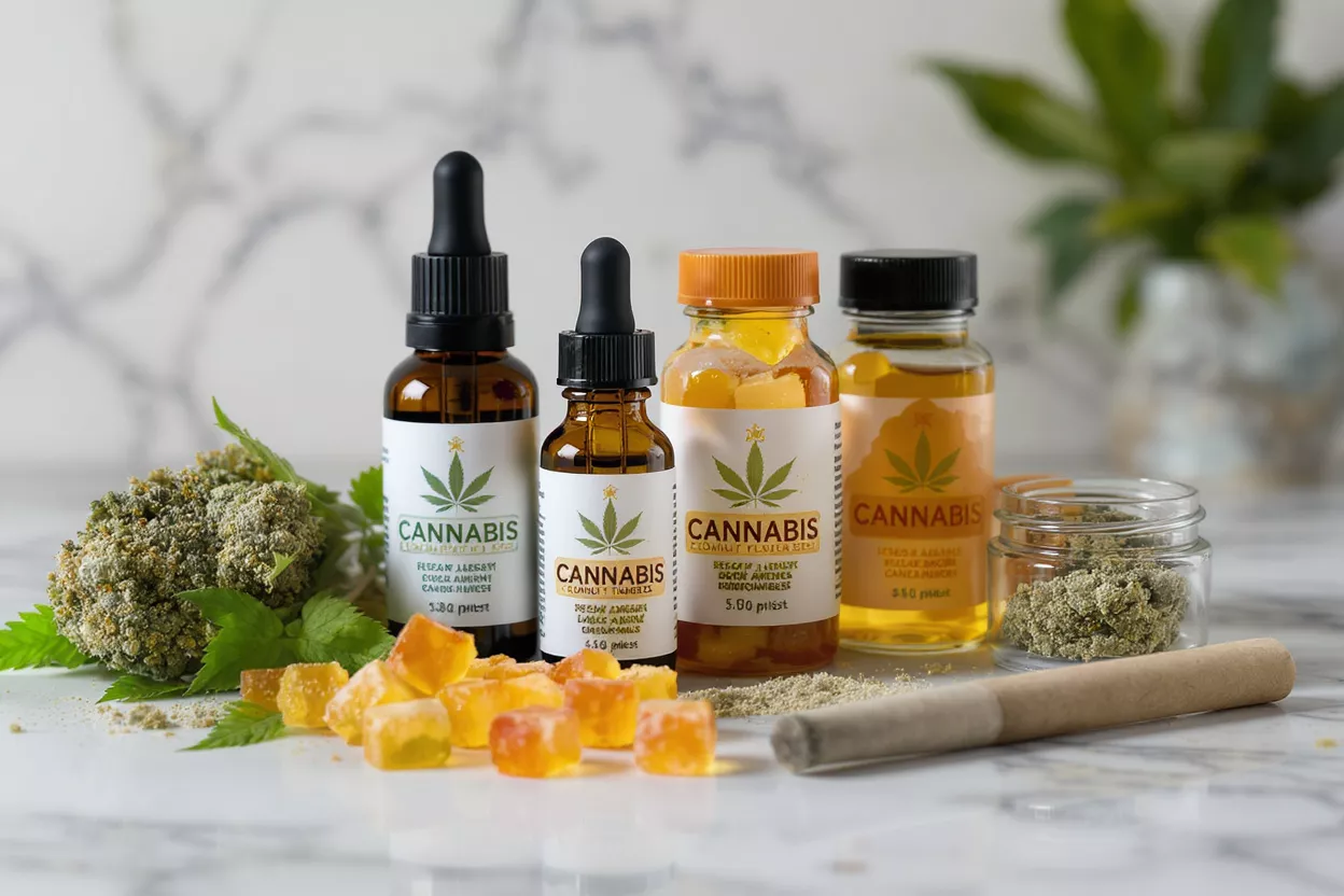 Various cannabis products: tinctures, edibles, flower, and pre-roll on a marble surface.