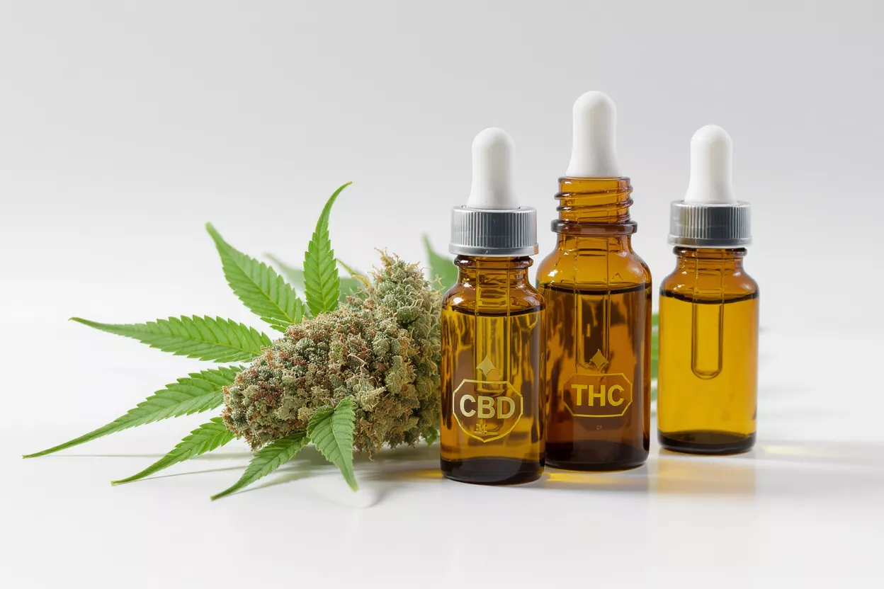 Three amber dropper bottles, two labeled CBD and THC, with a cannabis bud and leaves.
