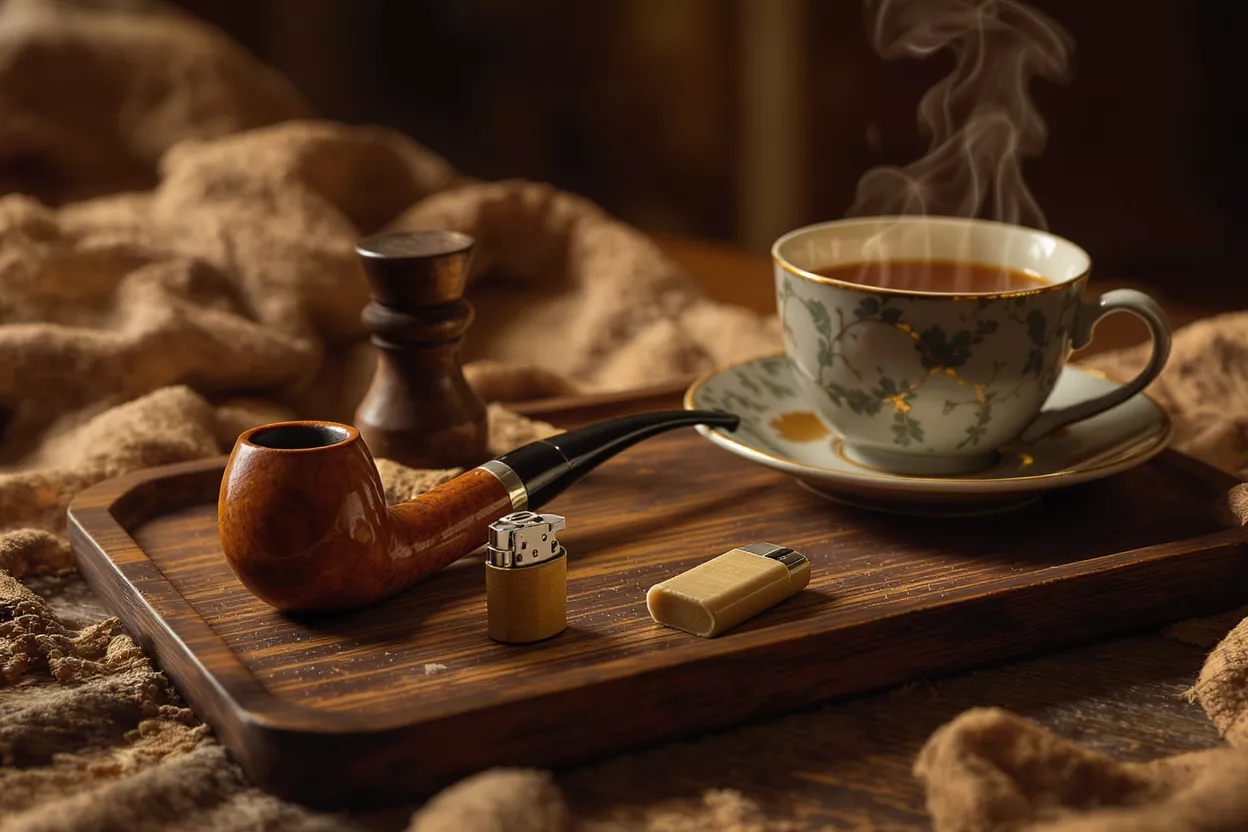 A wooden pipe, lighters, and a steaming cup of coffee on a wooden tray.