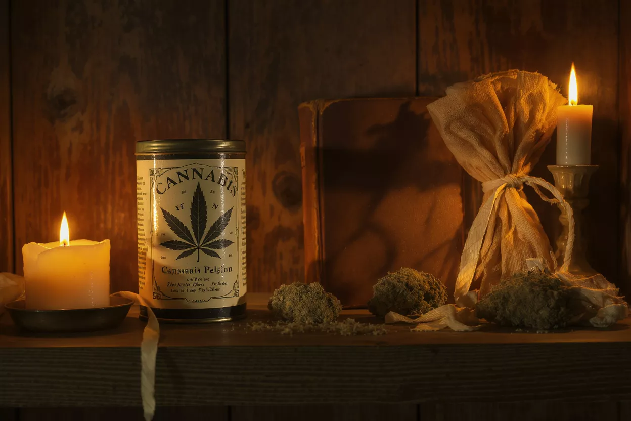 Vintage cannabis jar, candles, and herbal material on a rustic wooden shelf.